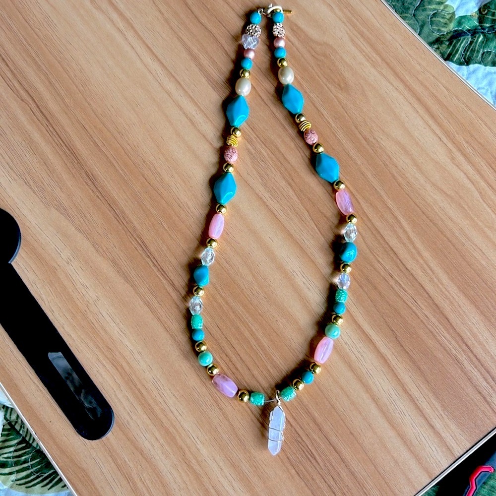 Handmade blush pink and turquoise beaded necklace quartz pendant.